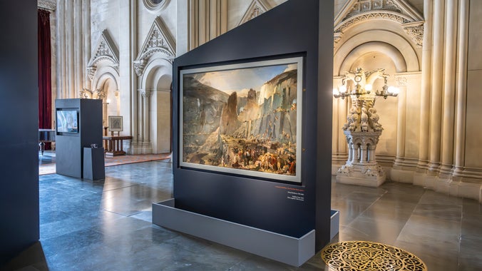 The 'Penrhyn Quarry' painting is displayed in the Grand Hall at Penrhyn Castle as part of the 'Ailfframio' exhibition
